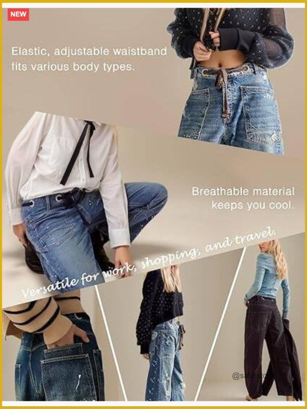 Mid-Low Rise Boyfriend Drawstring Ankle Baggy Elastic Waist Stretchy Boho Denim - Picture 5 of 7